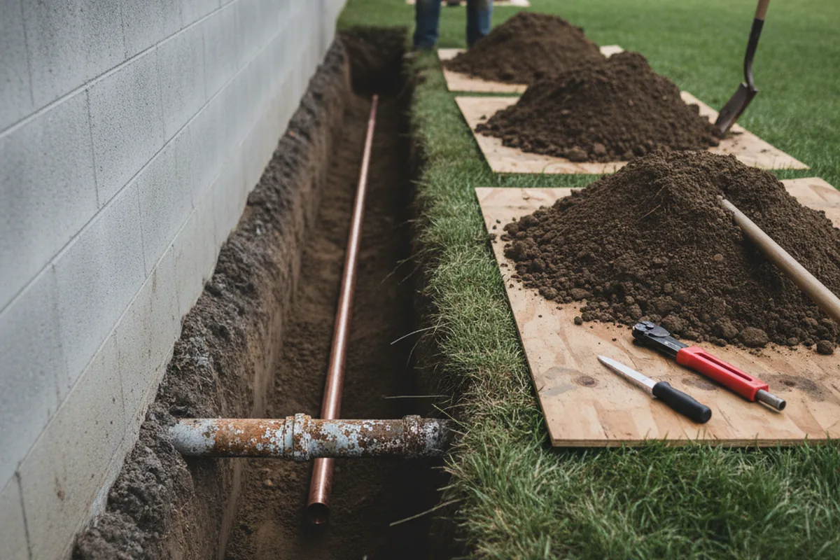 Excavated water line trench during Water Softener Installation in Waring